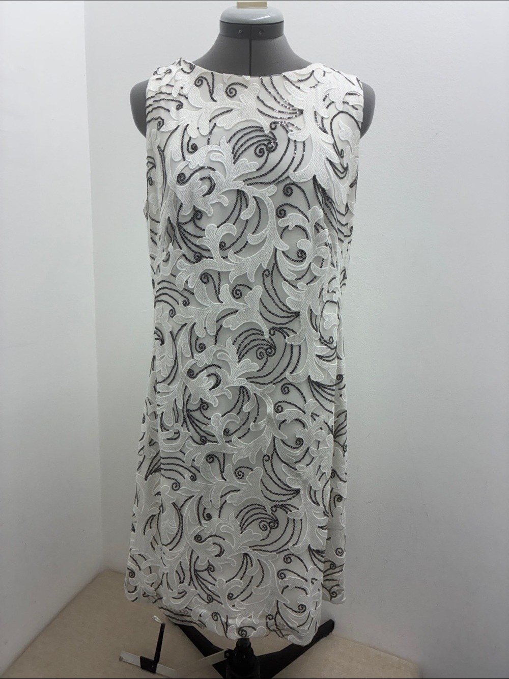 Ralph Lauren White Dress with Black Sequin Swirl Embroidery